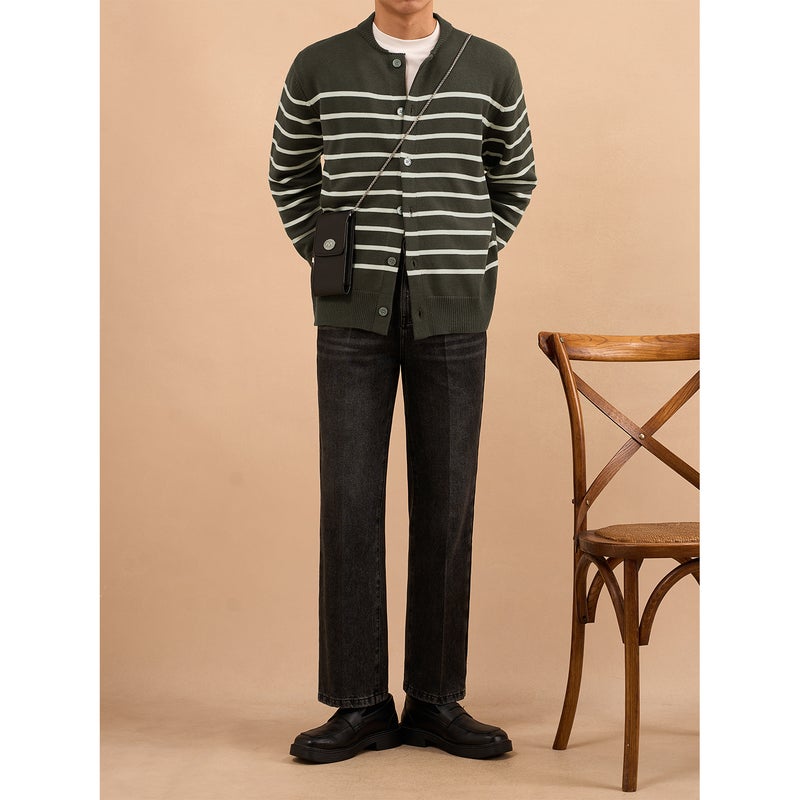 Crewneck Knitted Cardigan Contrast Color Stitching Classic Stripe Design Men'S Winter Thick Button Sweater Jacket Coat - Image 3